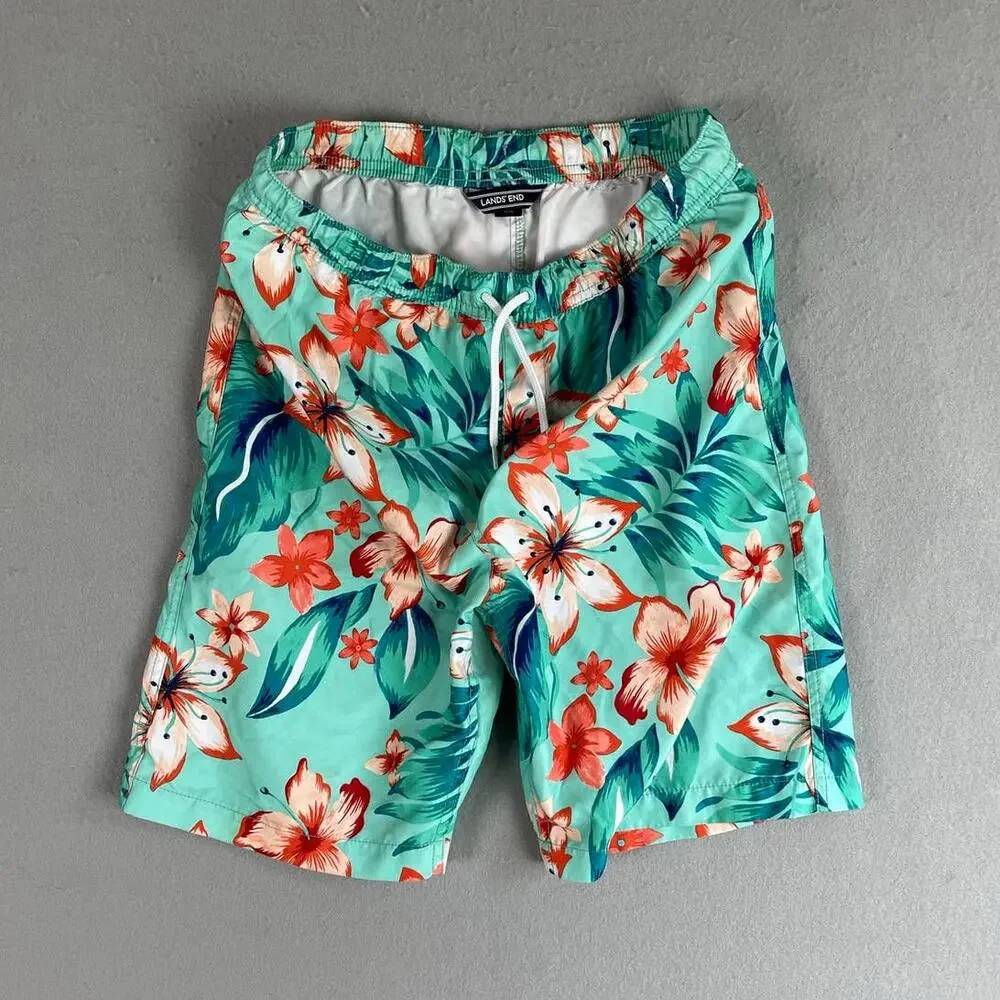 Lands' End Big Boys 18-20 Hawaiian Board Shorts Drawstring Green Floral